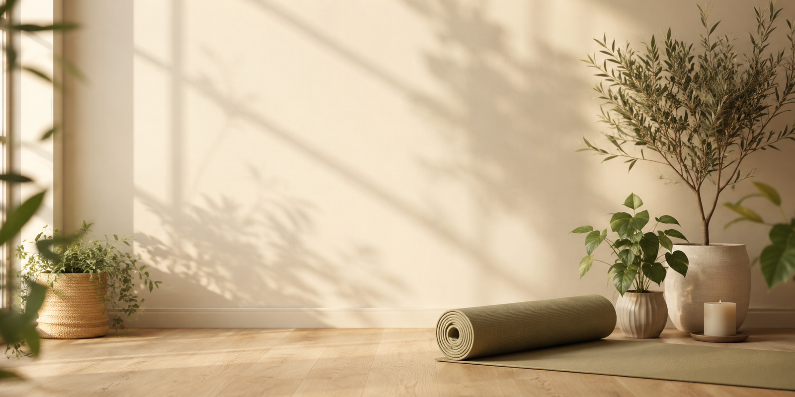 A rolled sage pilates mat in a sunlit room with plants and shadows on the wall